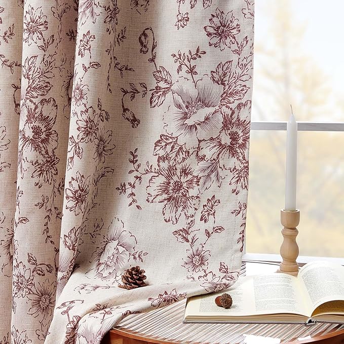 jinchan Blackout Floral Curtains for Living Room Bedroom Linen Blend Curtain Farmhouse Brick Red Printed with Lined Back Tab Rod Pocket Drapes Window Treatments 2 Panels 63 Inch