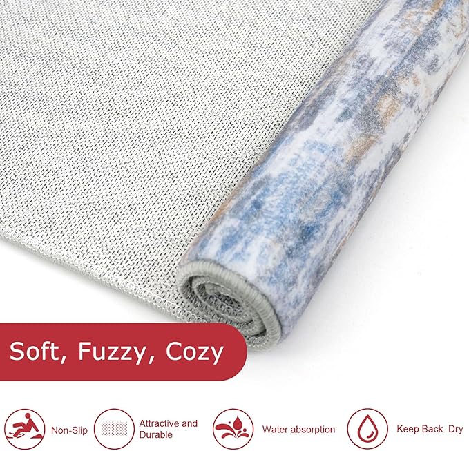 KOZYFLY Modern Abstract Washable Rug Runner 2.6x16 Hallway Rug Runner Non-Slip Soft Kitchen Runner Rugs, Blue Rust Striped Carpet for Stair Entryway Bathroom Laundry Room Foyer