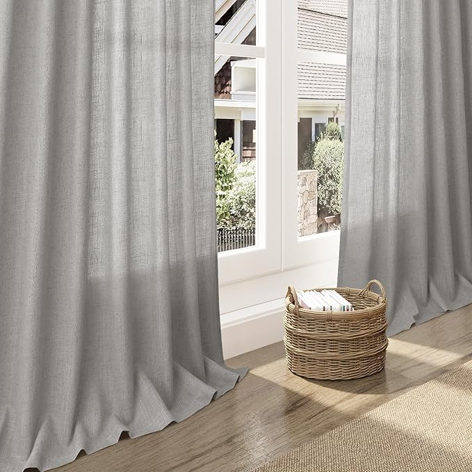 Nanspring Light Gray Linen Curtains 96 Inches Long for Living Room Light Filtering Semi Sheer Curtain Back Tab Rod Pocket Textured Luxury Grey Simple Modern Drapes for Bedroom 52x96, 2 Panels