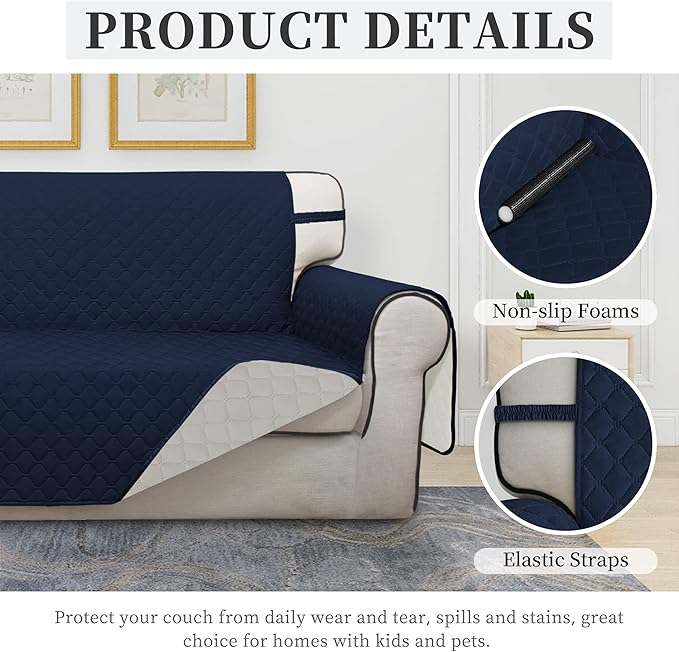 ISSUNTEX Double Protection 100% Waterproof Sofa Covers for Living Room, Couch Covers for 3 Cushion Couch Sofa, Reversible Furniture Protector Sofa Cover for Dogs, Pets, Kids (Sofa, Navy/Ivory)