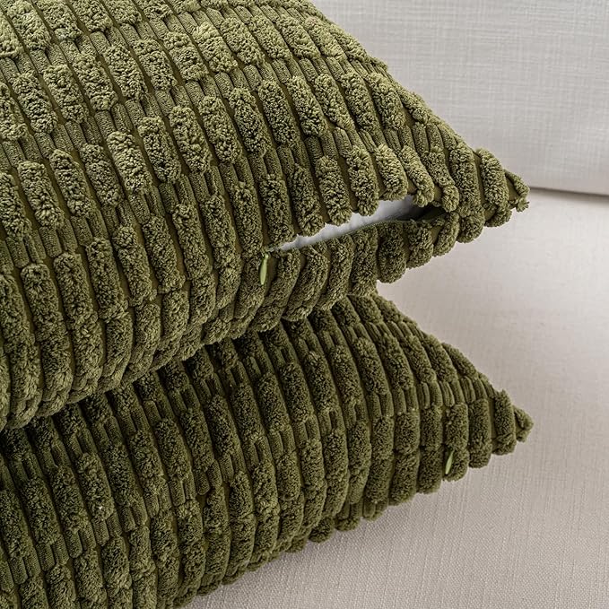 Fancy Homi 4 Packs Boho Moss Green Decorative Throw Pillow Covers 14x14 Inch for Couch Bed Sofa, Rustic Modern Farmhouse Home Decor, Soft Plush Corduroy Cute Square Cushion Case 35x35 cm
