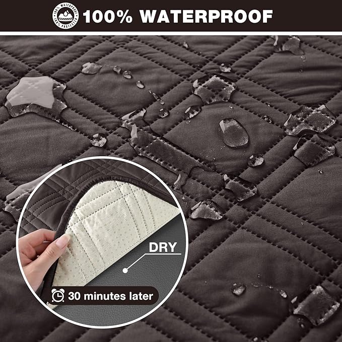TAOCOCO 100% Waterproof Recliner Sofa Covers 3 Seater, Split Couch Covers for Reclining Couches for Kids Pets, Non Slip Reclining Couch Covers Furniture Protector with Straps(3 Seater, Coffee)