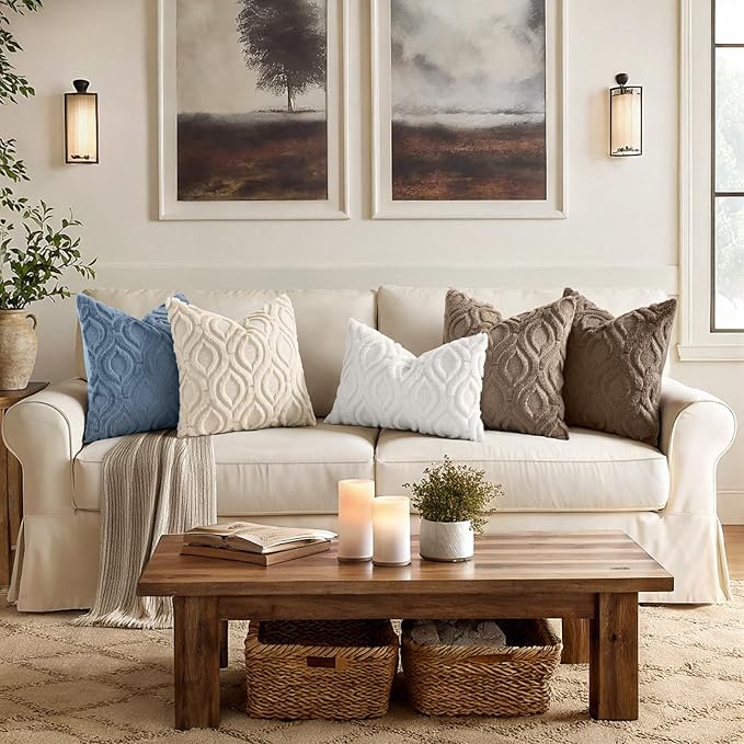 decorUhome Throw Pillow Covers 18x18 Inch Set of 2, Soft Plush Faux Wool Dusty Blue Solid Couch Pillow Covers, Accent Farmhouse Neutral Square Pillow Cases for Sofa Bed Living Room
