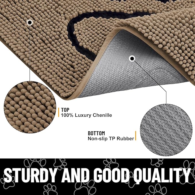 Smiry Dog Door Mat for Muddy Paws, Absorbent Dirt Trapper Non Slip Quick Dry Washable Chenille Mat for Mud Dogs, Entry Rug for Indoor and Outdoor (40x32 Inches, Camel and Black)