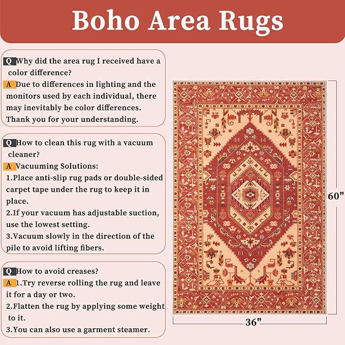 SERISSA Area Rug 3x5 Boho Rugs for Bedroom, Washable Non-Slip Living Room Rug, Ultra Soft Print Distressed Vintage Red Rug Low-Pile Throw Carpet for Entry Kitchen Bedroom Nursery Dorm Decor