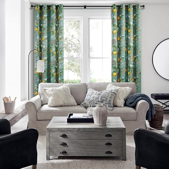 Topfinel 105 Inches Long Sage Green Luxury Curtains for Living Room Bedroom, Blackout Vintage Art Deco Victorian Curtains Floral Lemon Hummingbird Printed Grommet Drape 105 Inch Length