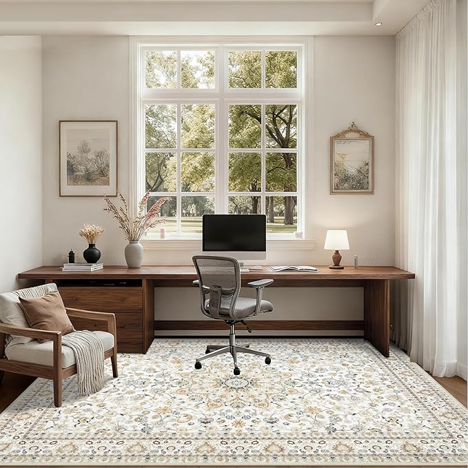 8x10 Area Rugs for Living Room: Washable Rug Soft Vintage Boho Carpet Indoor Floor Non-Slip Stain Resistant Floral Large Carpets for Bedroom Dining Room Farmhouse Nursery Home Office Beige