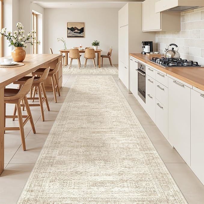 Washable Runner Rug 2.5x14, Non-Slip Long Hallway Runner for Entryway, Soft Vintage Kitchen Mats for Floor, Abstract Dining Room, Bedroom, Living Room Rugs(2.5'x14', Beige/Ivory)
