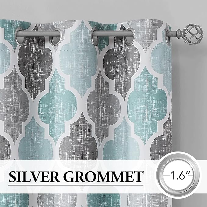 Beauoop 100% Blackout Curtains 108 Inches Long 2 Panels for Bedroom Living Room Aqua Grey Moroccan Geo Room Darkening Thermal Insulated Soundproof Grommet Top Window Treatments Drapes, 50x108 Set of 2