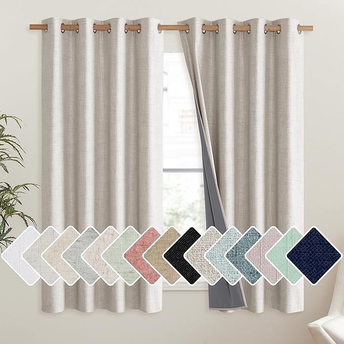NICETOWN Brich Vintage Open Linen Weave Flax Thermal Curtains, 100% Blackout Curtains 45" Long for Dining Room, Soundproof Window Treatment Drapes for Hall Room, 52" Wide Per Panel, Set of 2
