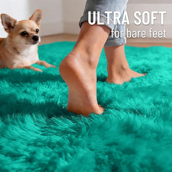 OLANLY Teal Green Round Rugs for Bedroom - Machine Washable, 3 ft Circle Area Rugs for Living Room, Soft and Fluffy Shaggy Carpet for Teen Girl and Boys, Nursery Rooms, Dorms, Home Decor Aesthetic