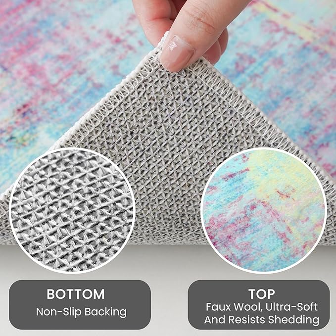 IOHOUZE Abstract Area Rug 4x6 Ft Washable Rugs for Entryway Indoor, Non Slip Small Living Room Rugs Printed Faux Wool Throw Rug, Floor Carpet for Kitchen Nursery Playroom, Pink Teal