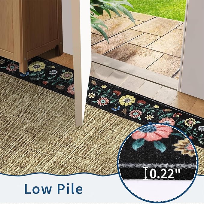 GarveeHome Washable Living Room Rug 9x12 Floral Bordered Area Rugs Soft Thin Indoor Carpet for Bedroom Modern Throw Aesthetic Mat Non Slip Stain Resistant Carpet for Dining Room Office, Yellow