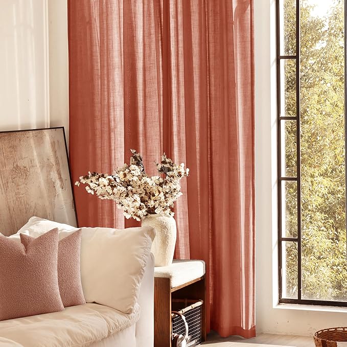 120 inch Linen Terracotta Curtains 2 Panels for Living Room Back Tab Light Filtering Semi Sheer Rust Colored Curtains 120 inches Long Soft Thick Cotton Cloth Textured Rustic Boho Farmhouse Room Decor