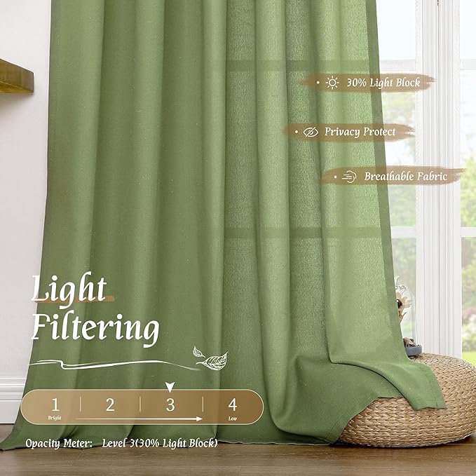 LAMIT Green Linen Curtains for Bedroom, Faux Linen Textured Light Filtering Drapes Rod Pocket Boho Neutral Room Decor Panels for Farmhouse/Living Room, 2 Panels, 52 x 72 Inch