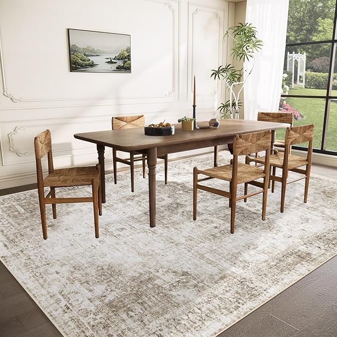 Area Rug 9x12 Washable Rug, Vintage Boho Medallion Rugs Non-Slip Soft Low Pile Large Distressed Rug Indoor Retro Carpet for Living Room Bedroom Dining Room Home Office (Taupe, 9'x12')
