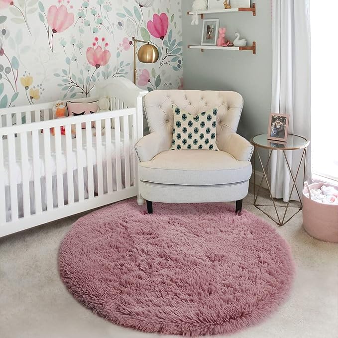 Blush Fluffy Round Rug 5Ft for Bedroom, Fuzzy Plush Circle Area Rugs for Baby Kids Room Decor Aesthetic, Shaggy Circular Carpet for Teen Girls Nursery Dorm Playroom, Cute Dusty Rose Mauve Rug