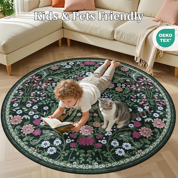 Round Area Rug for Living Room: 4 ft Floral Washable Circle Rug Soft Boho Non-Slip Carpet Indoor Stain Resistant Low Pile Small Circular Rug for Bedroom Entryway Kitchen Nursery Home Office Dark Green