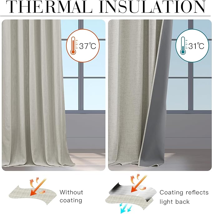 RYB HOME 100% Blackout Cream Curtains, Linen Texture Thermal Insulated Drapes for Bedroom/Living Room/Office/Nuesery, Privacy Farmhouse Full Blackout Window Treatment, W52xL108 Inch Long, 2 Panels