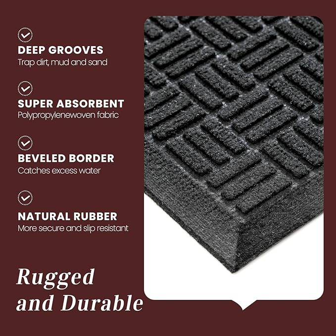 Mibao Front Door Mat Indoor Outdoor Entrance, Dirt Trapping Waterproof All-Season, All-Weather Doormat, Non-Slip Durable Natural Rubber Low Profile Easy Clean Patio Entrance Mat, 47" x 31.5", Black