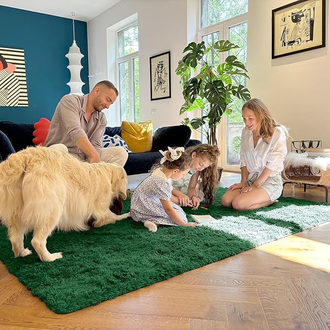 OLANLY 5x7 Machine Washable Large Area Rugs for Living Room, Bedroom, Soft Fluffy Shaggy Bedside Rug, Indoor Floor Carpet for Kids Girls and Boys, Dorms, Nursery, Home Decor Aesthetic, Dark Green