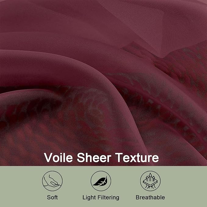 OWENIE Sheer Curtains 2 Panels Set for Bedroom Living Room, Soft Solid Rod Pocket Light Filtering Window Treatment, 2Pcs Each 59" W x 120" L, Burgundy Wine
