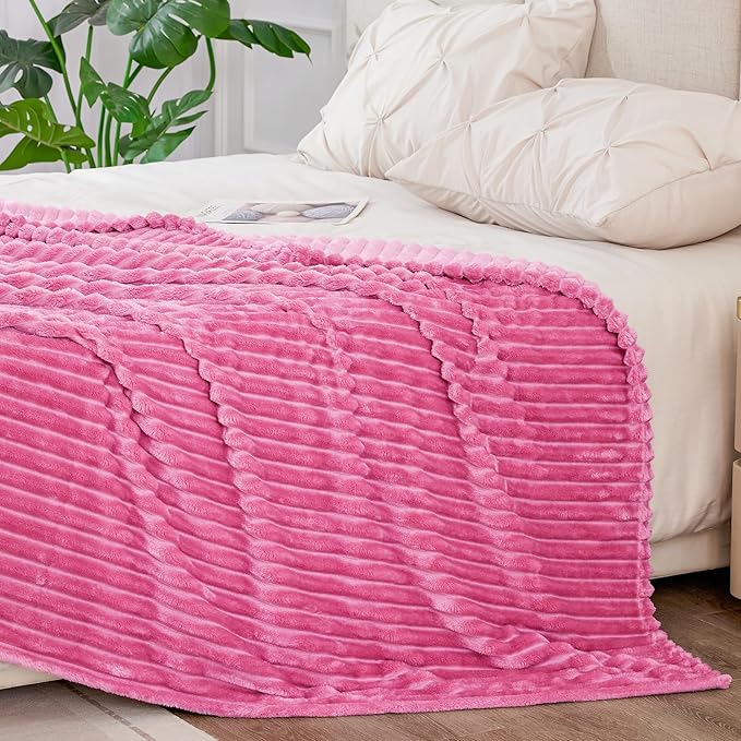 BEDELITE Fleece Blanket Queen Size – 3D Ribbed Jacquard Soft and Warm Decorative Fuzzy Blankets – Cozy, Fluffy, Plush Lightweight Throw Blankets for Couch, Bed, Sofa(Hot Pink, 90x90 inches)