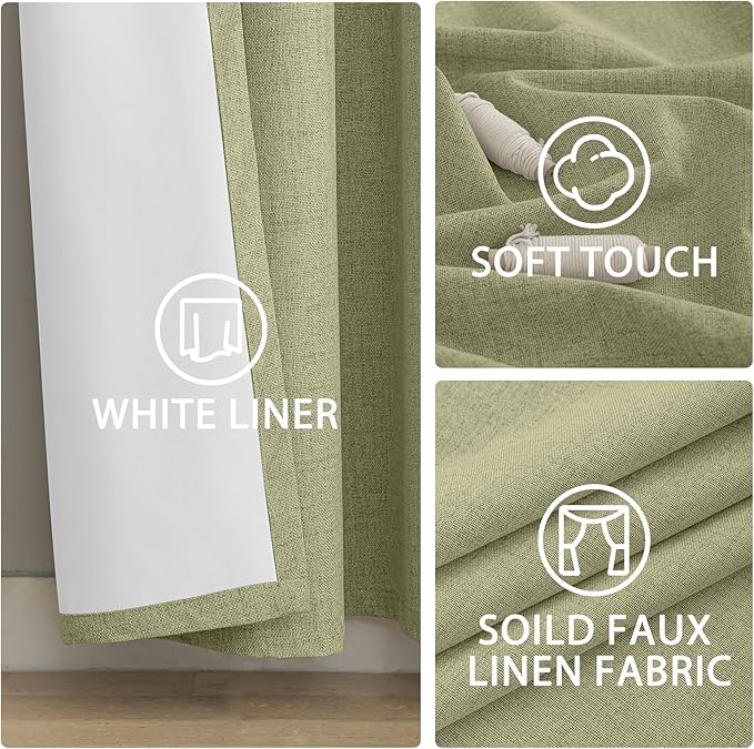 Yakamok Linen Sage Curtains 100% Blackout 84 Inches Long,Room Darkening Textured Drapes for Living Room Thermal Grommet Bedroom Curtains 2 Panels with Greyish White Liner