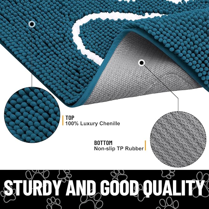 Smiry Dog Door Mat for Muddy Paws, Absorbent Dirt Trapper Non Slip Quick Dry Washable Chenille Mat for Mud Dogs, Entry Rug for Indoor and Outdoor (70x24 Inches, Atlantic Blue and White)
