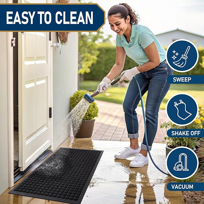 Smiry Front Door Mat Outside Entrance, Heavy Duty Natural Rubber Doormat, Non Slip, Trap Dirt and Moisture, Easy Clean, Low Profile Welcome Floor Mats for Indoor Outdoor Entry, 47x32 Inch, Black
