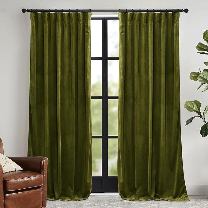 RYB HOME Green Velvet Curtains 72 inches with Hook Belt, Soft Fabric Room Darkening Thermal Insulated Luxurious Home Decor Curtains for Living Room Bedroom, W 52" x L 72", 2 Panels Set