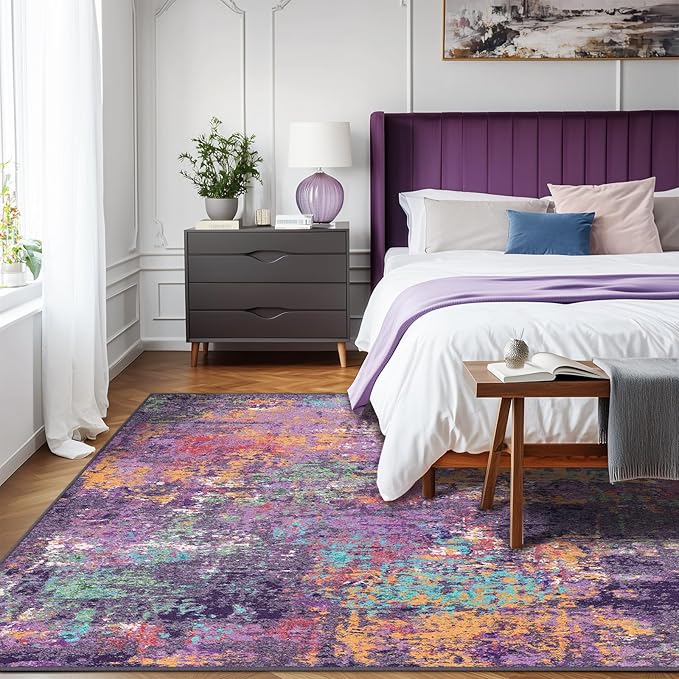 Washable Area Rugs 6'x8' Non-Slip Modern Abstract Soft for Living Room Entryway Bedroom Nursery, Print Pattern, Purple Orange Blue Green Rust Red Colorful