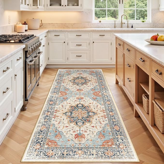 Area Rugs 3'x7' Runner Rug Non Slip Washable for Kitchen Hallway Bedroom Beside Laundry Room Bathroom Rug, Floor Carpet, Beige Navy Blue Orange Colorful