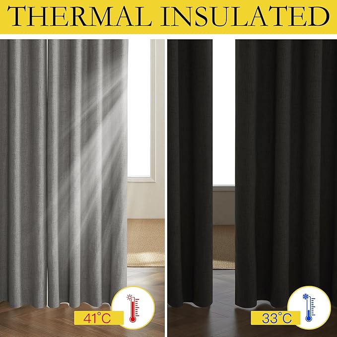 NICETOWN Grizzle Gray Vintage Linen 100% Blackout Curtains for Living Room, Thermal Insulated Curtains 120“ Long, Noise Reducing Window Treatment Drapes for Home Office, 62" Wide Per Panel, Set of 2