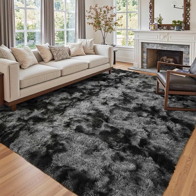 7x10 Ft Extra Large Shag Rugs for Living Room, Tie Dyed Ultra Soft Fluffy Furry Area Rugs for Bedroom Indoor Floor, Aesthetic Carpet for Kids Home Decor (Dark Grey)