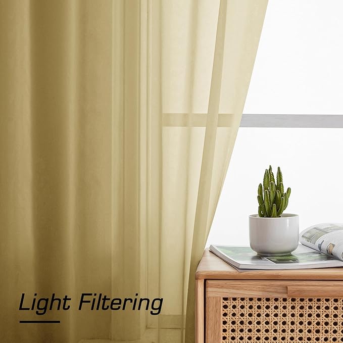 Simplebrand Gold Sheer Curtains 84 Inches Long, Light Filtering Rod Pocket Solid Color Window Sheer Curtain Panels, Elegant Curtains & Drapes for Living Room, Bedroom 2 Panels, 59" W x 84" L