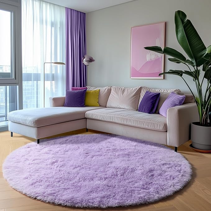 ONASAR Light Purple Round Area Rugs 5ft, Soft Bedroom Circle Rug Floor Mats for Kids Girls Teen, Cute Fluffy Plush Shaggy Carpet for Nursery Dorm Living Room Playroom Home Decor Princess Castle