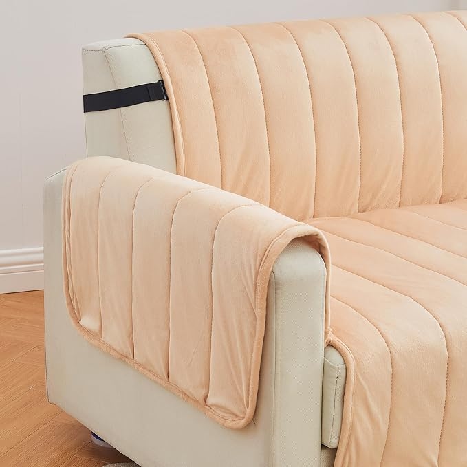 Great Bay Home Velvet Sofa Cover - Washable Slipcover Furniture Protector with Elastic Straps - Furniture Cover for Dogs, Kids, and Pets - Stitched Detail (Peach)