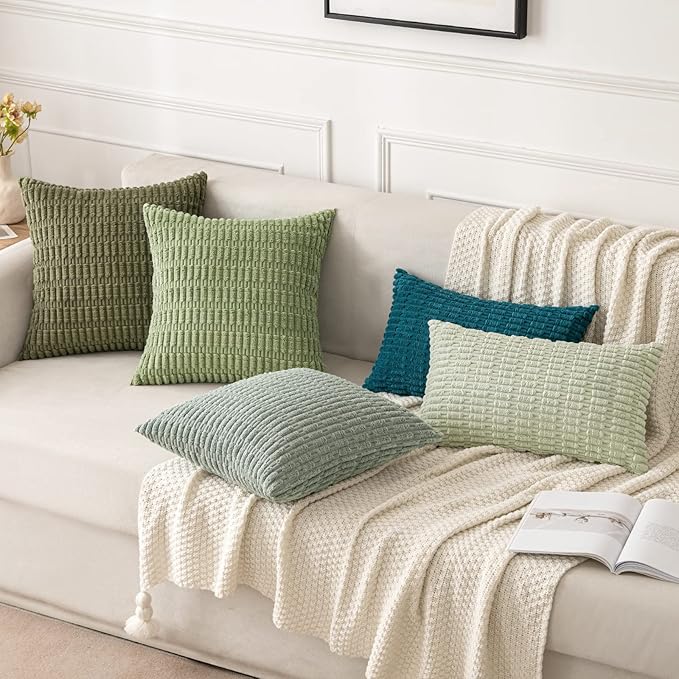 MIULEE Pack of 2 Spring Corduroy Decorative Euro Sham Throw Pillow Covers 24x24 Inch Soft Boho Striped Pillow Covers Modern Farmhouse Home Decor for Summer Sofa Living Room Couch Bed Olive Green
