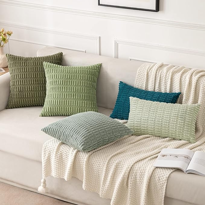 MIULEE Pack of 2 Spring Corduroy Decorative Throw Pillow Covers 16x16 Inch Soft Boho Striped Pillow Covers Modern Farmhouse Home Decor for Summer Sofa Living Room Couch Bed Olive Green