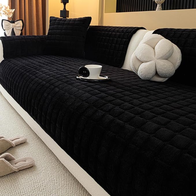 Velvet Couch Cover, Plush Sectional Sofa Cover Washable, Anti Slip Sofa Slipcover for Loveseat, Furniture Protector Covers for Pets & Kids(1PC, Black, 35.4"×47.2", Loveseat)