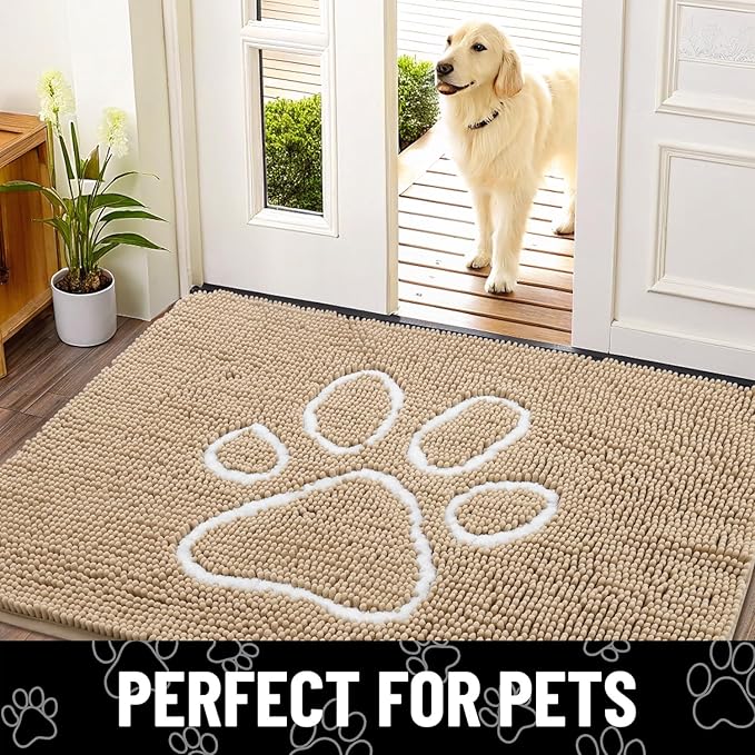 Smiry Dog Door Mat for Muddy Paws, Absorbent Dirt Trapper Non Slip Quick Dry Washable Chenille Mat for Mud Dogs, Entry Rug for Indoor and Outdoor (54x32 Inches, Beige and White)