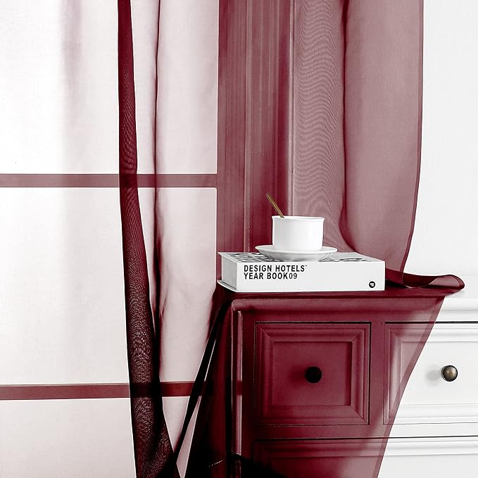 Simplebrand Rod Pocket Top Solid Voile Sheer Curtains for Bedroom, 54 Inch Length Drapes Set of 2, Lightweight and Light Filtering Elegant Red Curtains Panels Window Treatment, 42W×54L, Burgundy