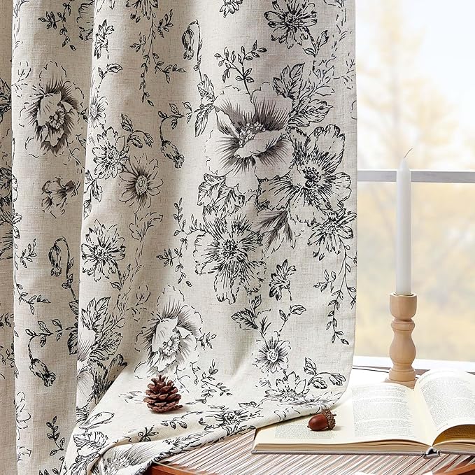 jinchan Blackout Floral Curtains for Living Room Bedroom Linen Blend Curtain Farmhouse Black Printed with Lined Back Tab Rod Pocket Drapes Window Treatments 2 Panels 120 Inch