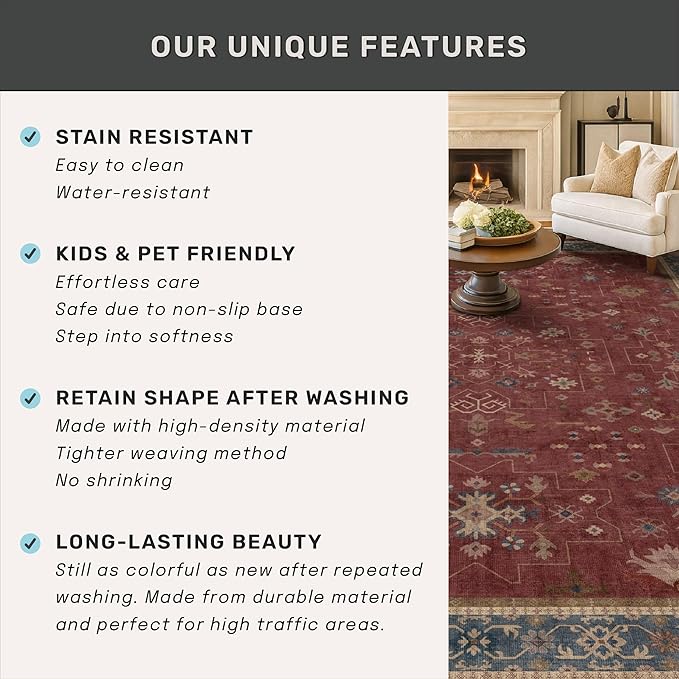 Washable 3x4 Rugs for Entryway - Burgundy Large Kitchen Rug, Non Slip Inside Door Mats for Home Entrance, Unique Bohemian Red Low Pile Thin Carpet for Bedroom Bedside, Foyer