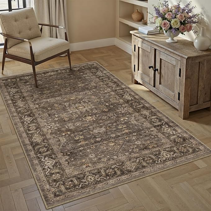 3x5 Washable Area Rug for Entryway Vintage Brown Non Slip Low Pile Carpet Traditional Retro Soft Throw Rug for Entrance Bathroom Door Mat Indoor Dorm Dining Room