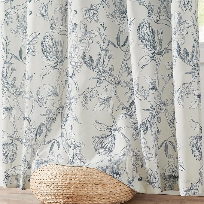 jinchan Floral Curtains 90 Inch Length Blue Flower Linen Farmhouse Curtain for Living Room French Country Vintage Curtain Rod Pocket Curtains Set 2 Panels Blue Floral Printed