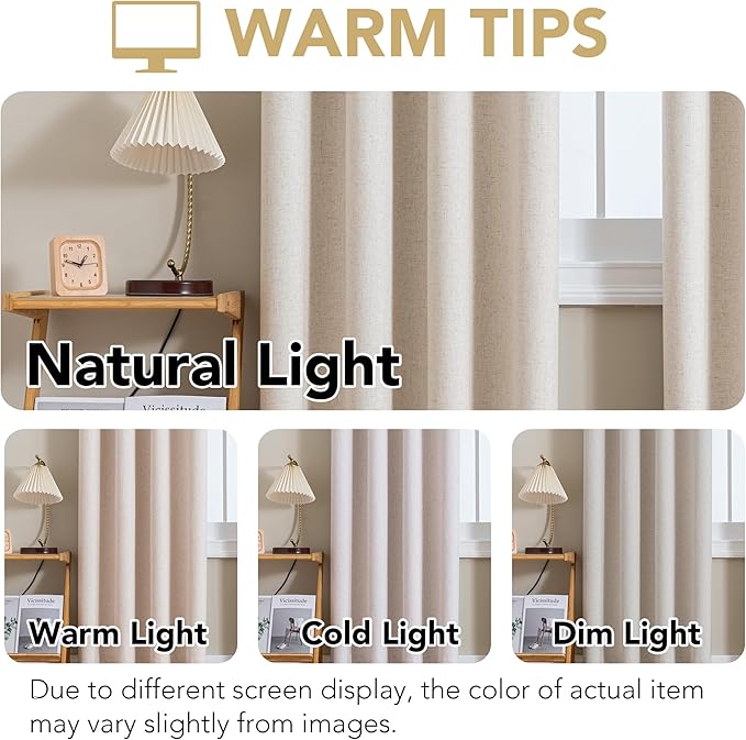H.VERSAILTEX Linen Curtains 100% Blackout Curtains for Bedroom 63 inch Long Full Light Blocking Nature Linen Blended Window Curtains for Living Room Nickel Grommet (2 Panels, Heathered Natural)