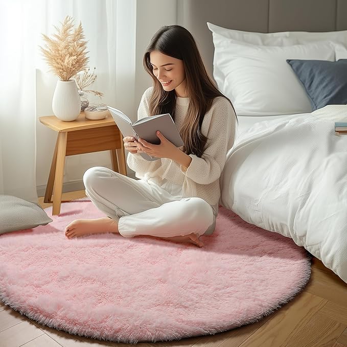ONASAR Light Pink Round Area Rugs 4ft for Bedroom Living Room, Fluffy Circle Rug for Kids Girls Boys Teen, Soft Plush Shaggy Carpet for Nursery Dorm Classroom Playroom Home Decor Aesthetic