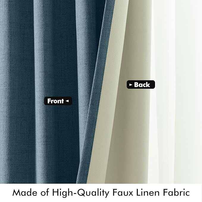 MIULEE 100% Blackout Linen Curtains for Bedroom, Stone Blue Solid Luxury Decor Thermal Insulation Room Darkening Drapes for Living Room Nursery Back Tab Rod Pocket 42 x 84 Inches, 2 Panels
